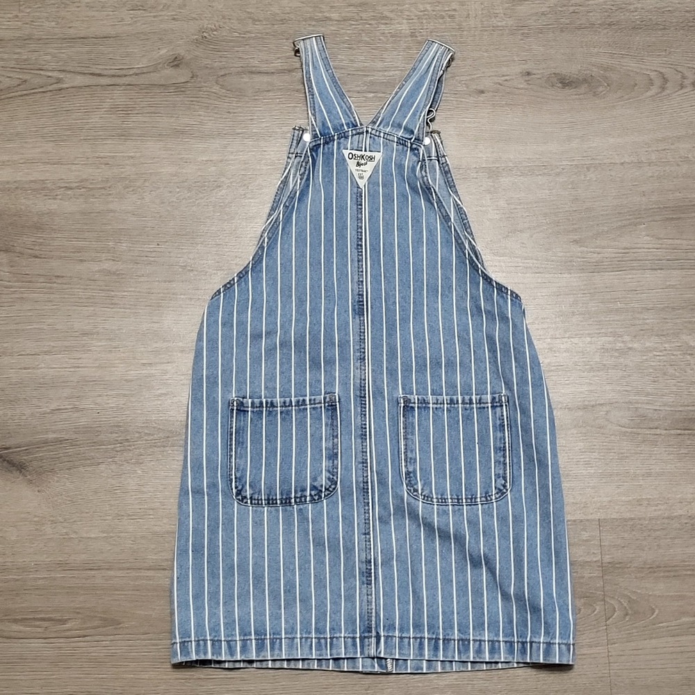 OshKosh Bgosh Girls Blue White Striped Denim Vestbak Overalls Dress Size 10 - Picture 2 of 7